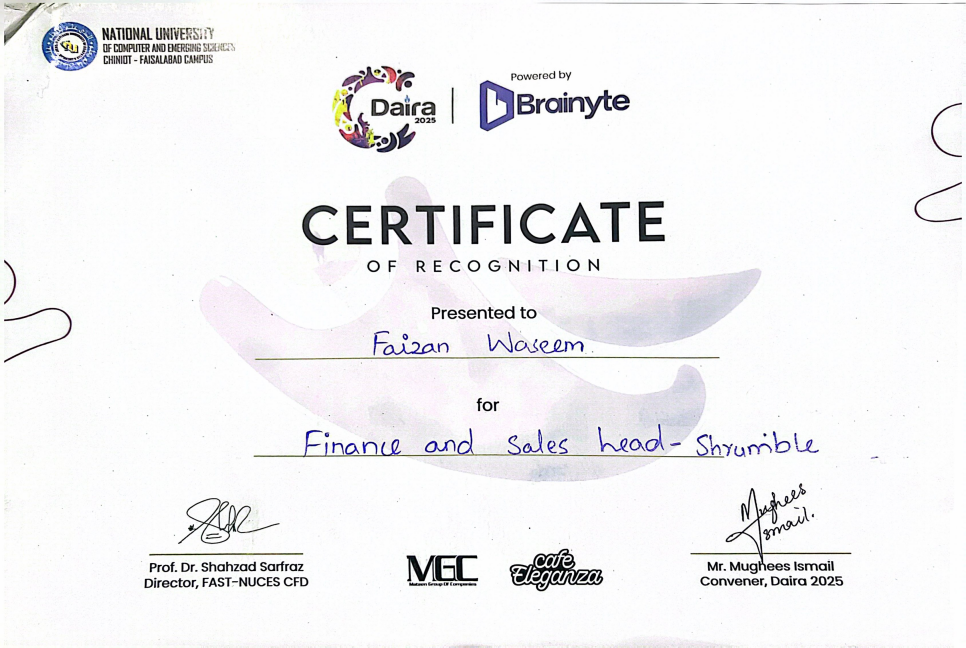 Daira 2025 — Finance & Sales Head (Shrumble)
